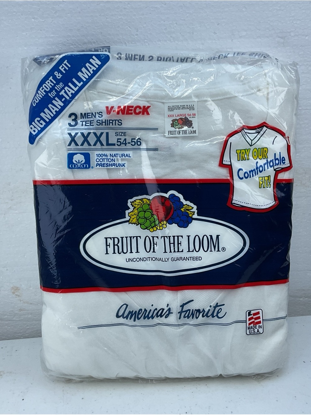 Fruit of the Loom 3 Pack XXXL (54-56) Tall Big Man V-Neck T-Shirts White
